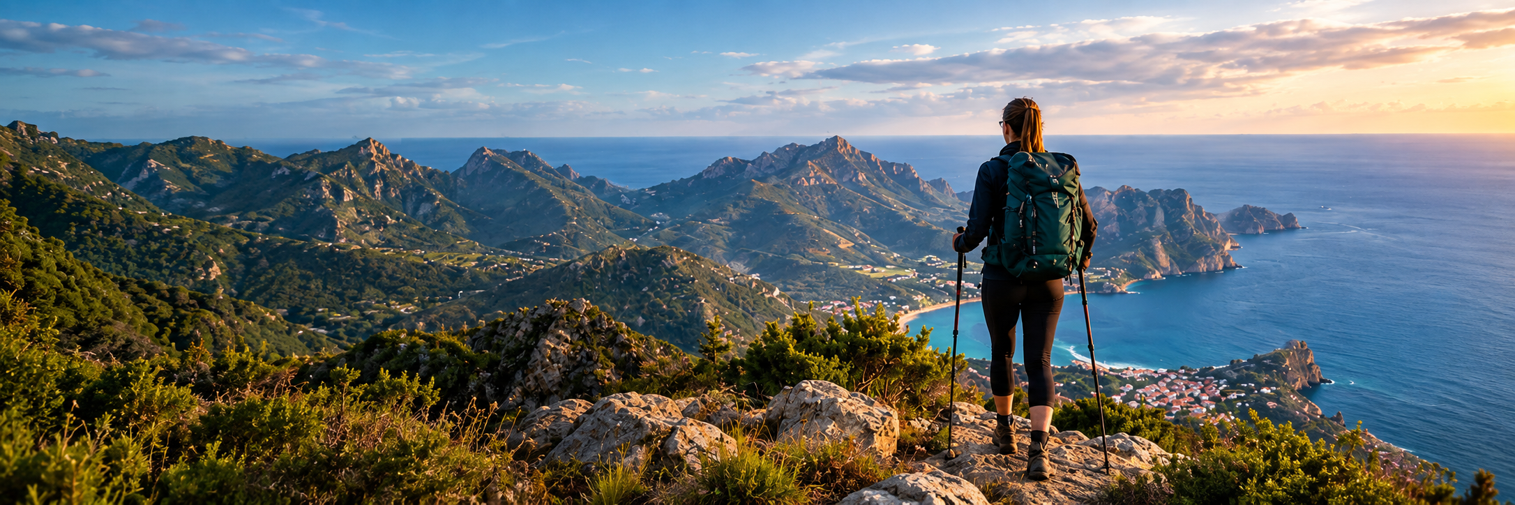Excursionista contemplando las montañas y la costa al atardecer